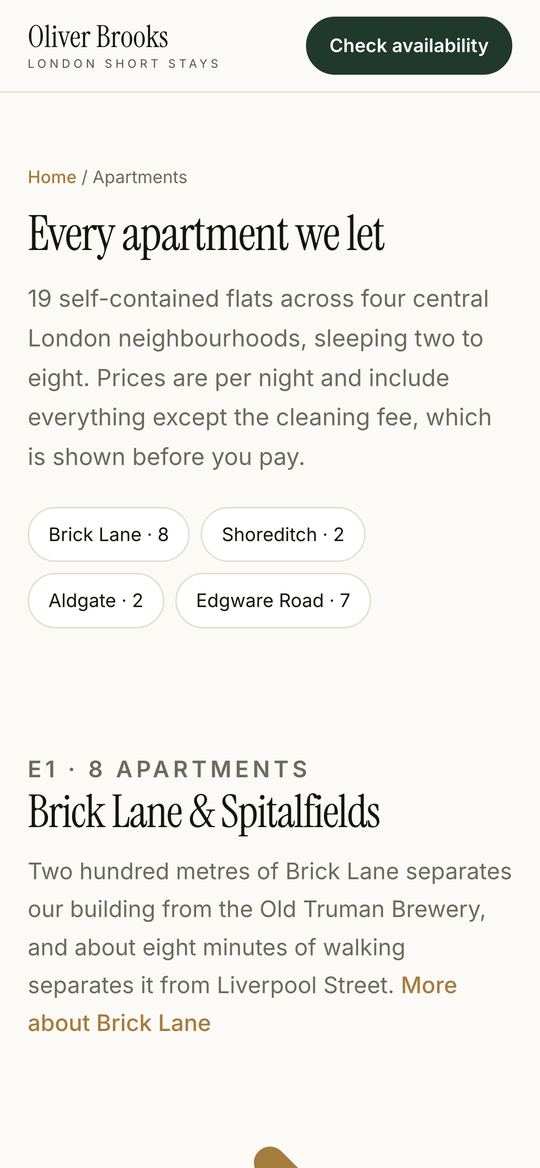 Every apartment, filterable by area. Oliver Brooks Short Stay