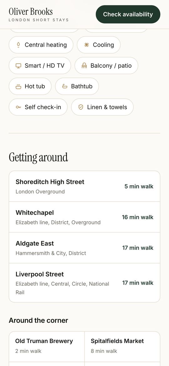 Amenities, transport and what is nearby. Oliver Brooks Short Stay