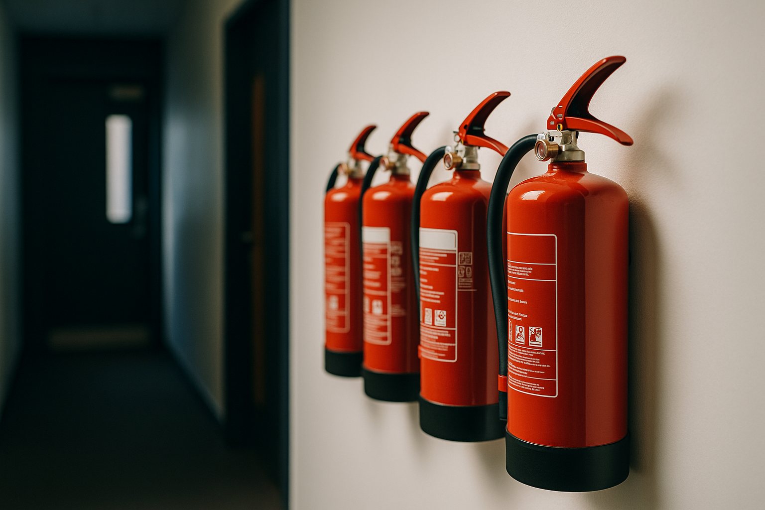 Fire extinguishers mounted along a commercial corridor