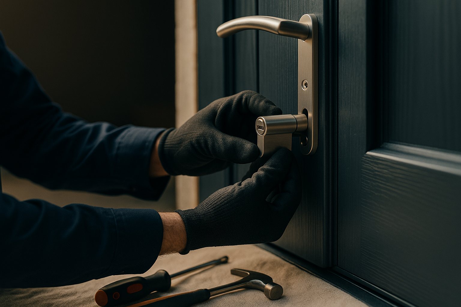 A locksmith fitting a cylinder lock to a composite front door