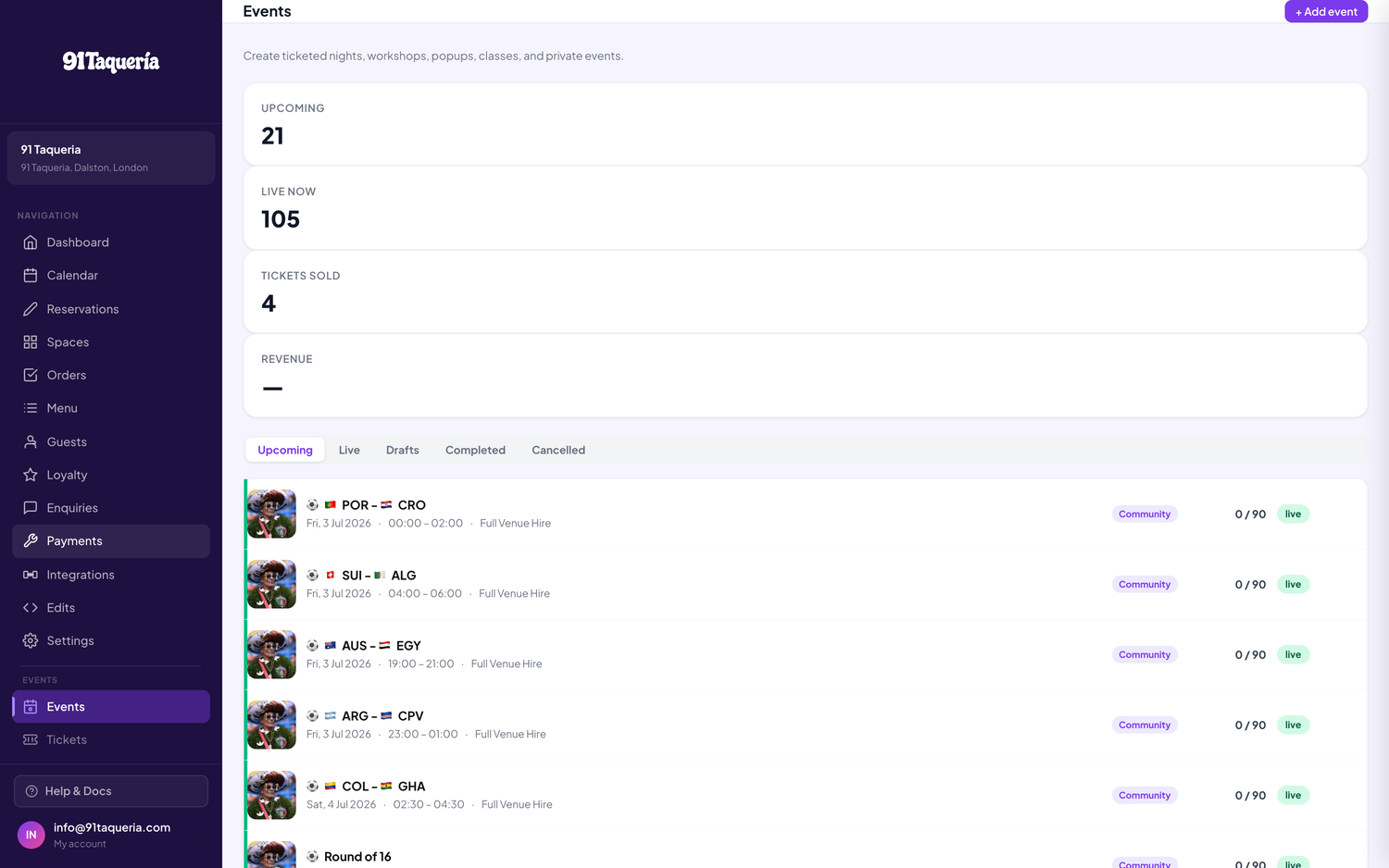 Events & tickets dashboard