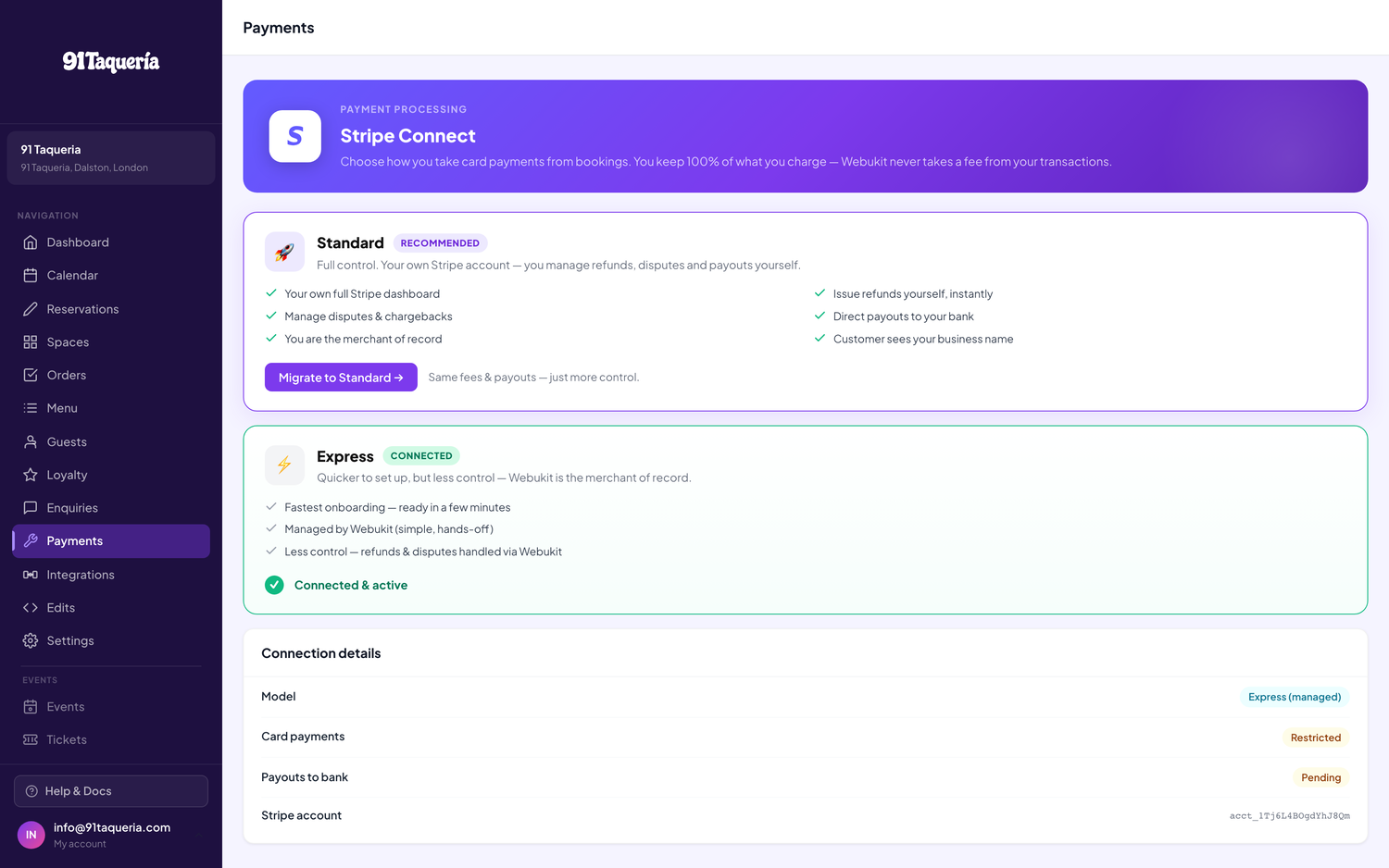Payments — Stripe Connect, zero commission